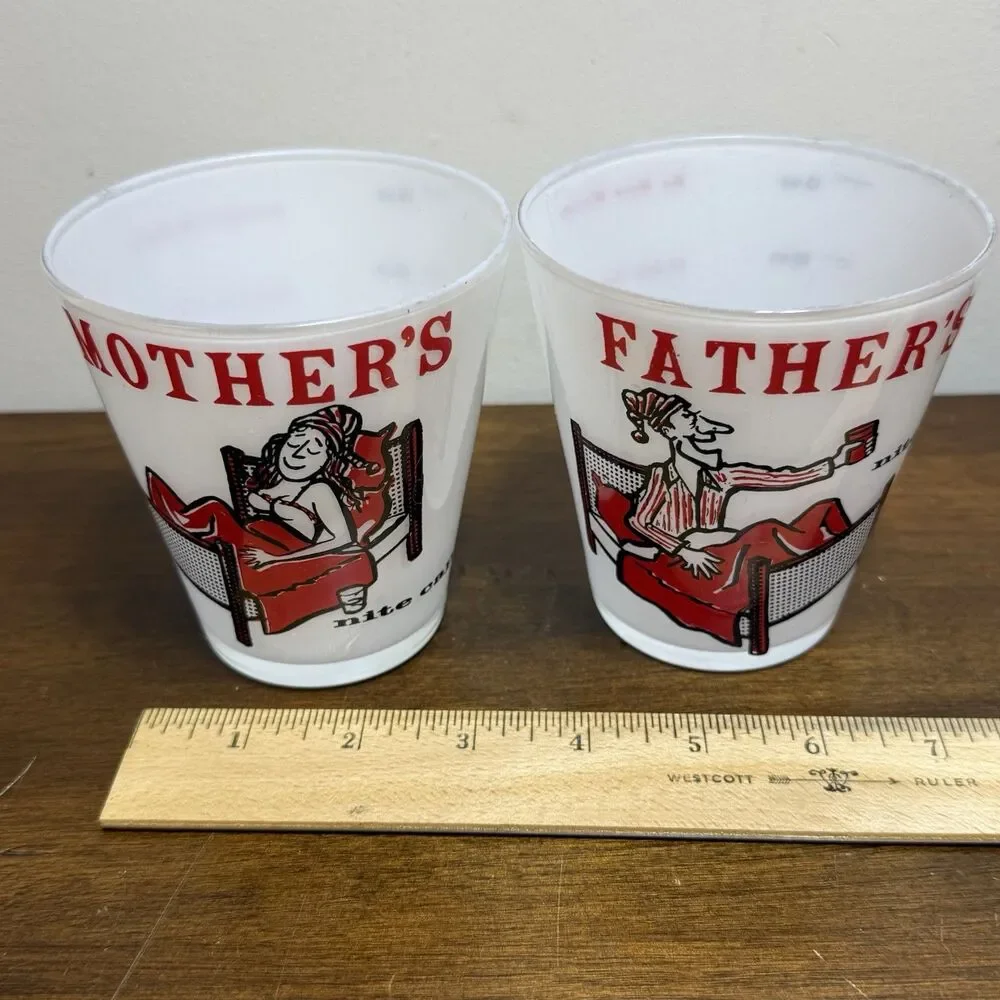Vintage 50’s Mother's & Father's Nite Cap Highball Glasses frosted bar novelty
